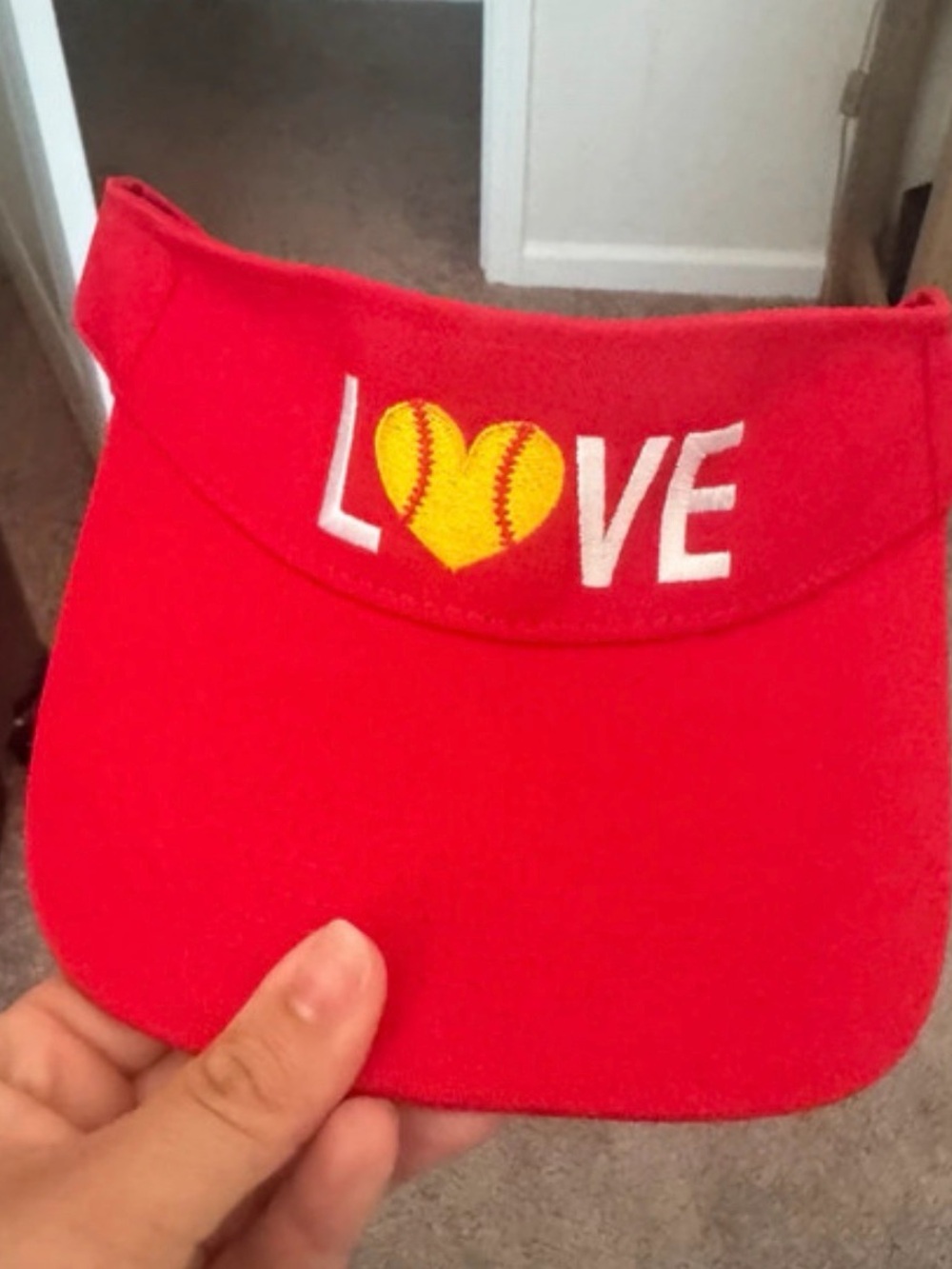 Red softball Visor with Yellow Heart Softball LOVE Embroidery